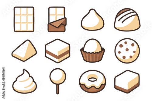 Assorted chocolate and confectionery icons set in minimalist style.