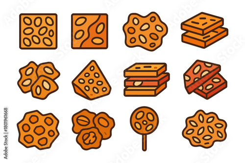 Assorted peanut brittle icon set with various shapes and textures on white background.