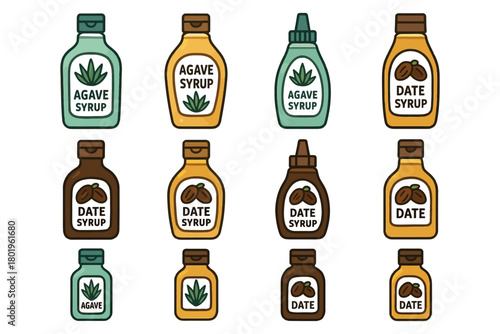 Agave and date syrup bottles - various designs and styles.