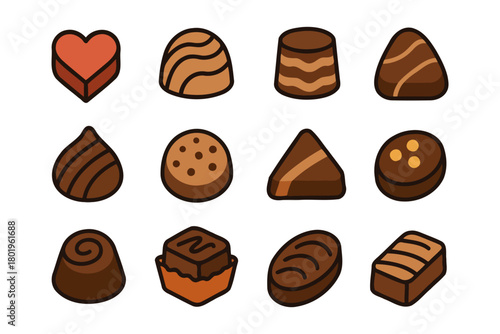 Assorted chocolate pralines collection on white background.