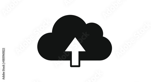 Simple black silhouette icon of a cloud with a white upward arrow indicating data upload or transfer