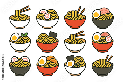 Diverse ramen bowl collection with various toppings in vibrant colors.