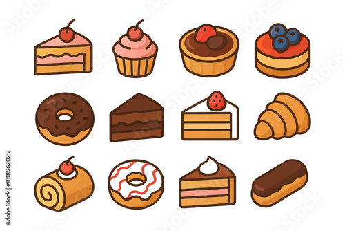 Colorful assortment of desserts with cake, donuts, and pastries.