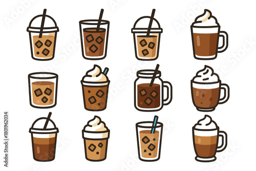 Assorted iced coffee and cappuccino icons with straws and cream.