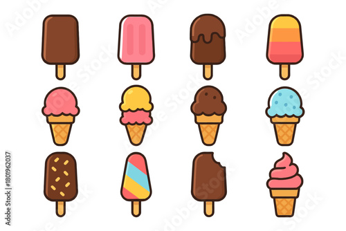 Colorful ice cream cones and popsicles in various flavors and styles.