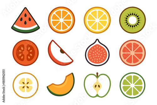 Colorful assorted fruit slices - watermelon, orange, lemon, kiwi, tomato, apple, fig, grapefruit, banana, melon, pear, lime.