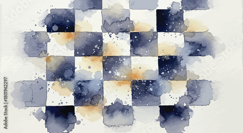Watercolor painting of a checkered pattern with blue and beige color washes art
