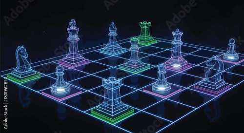 Digital chess game with glowing pieces on a dark background for strategy concept