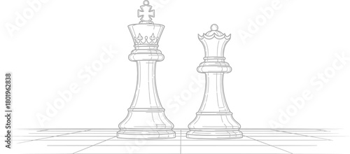 Chess king and queen pieces standing together on a chessboard illustration