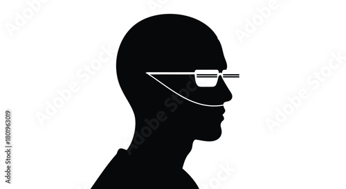 Silhouette profile of a person wearing futuristic augmented reality glasses against a stark white background
