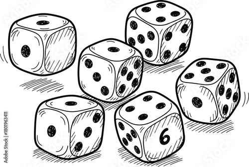 Hand drawn dice illustration showing luck and chance on a white background