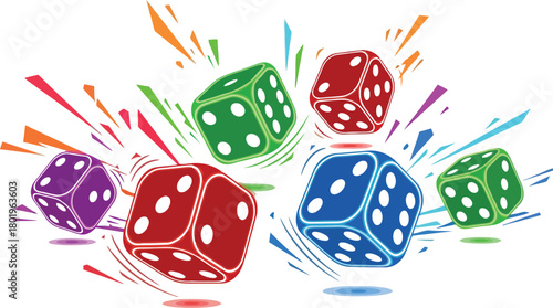 Colorful dice with vibrant light trails on a white background for games design