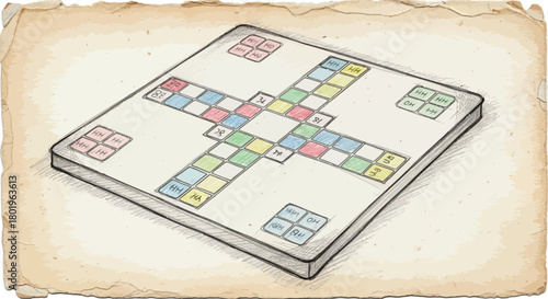 Hand drawn parcheesi board game on aged paper with colored squares and text labels