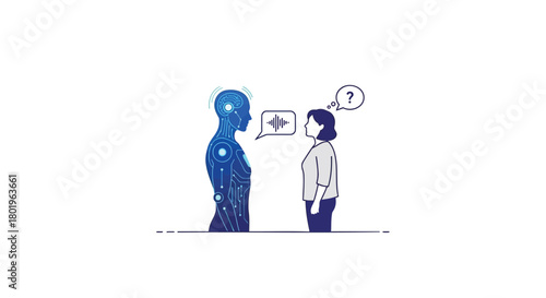 Artificial intelligence robot communicating with a human woman in a thought bubble conversation