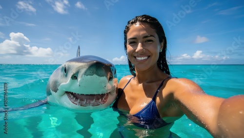 Smiling swimmer taking a close selfie with a curious shark in turquoise water.