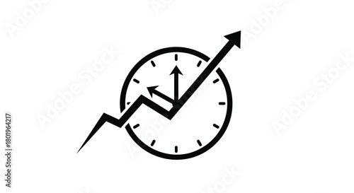 Black and white graphic of a clock face with an upward trending arrow graph symbolizing financial growth and progress