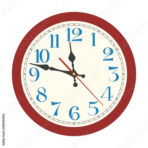 Red classic round  wall clock isolated on white background