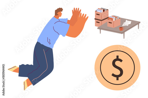 Person reaching towards a dollar symbol, office desk with papers and files, showcasing effort for financial goals. Ideal for finance, investment, savings, business, work culture, ambition simple