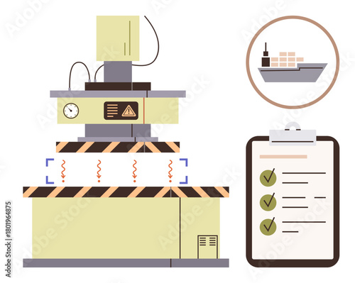 Industrial machinery sealing packages, clipboard with checklist, and global shipping icon. Ideal for manufacturing, logistics, quality control, shipping, operations, automation productivity simple