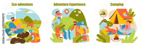 Eco-Adventure Camping Experience Vector Illustration Set