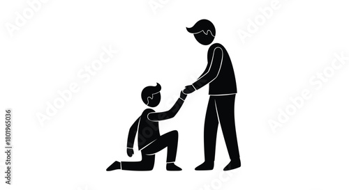 Silhouette of a taller person extending a hand to help a shorter person who is kneeling down