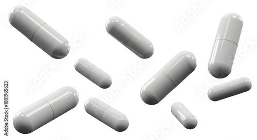 Floating white capsules signify health solutions, medicine, and pharmaceutical innovation for wellness brands and medical promotions, modern and clean