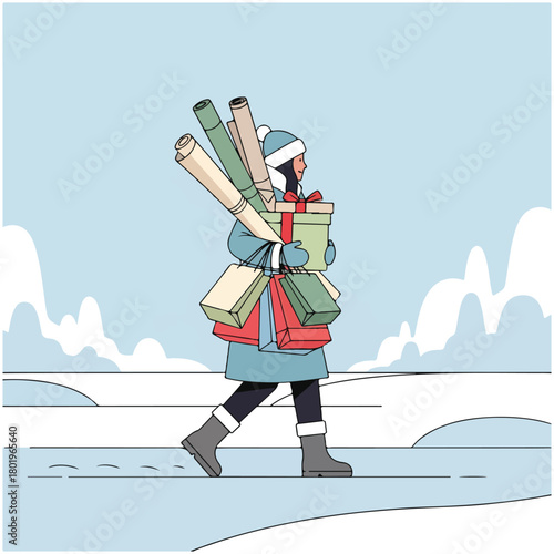 Woman carrying gifts and wrapping paper in a winter scene.