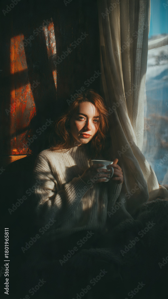 Obraz premium Young woman sitting by window holding mug