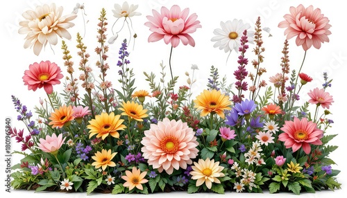 A vibrant display of assorted flowers in full bloom against a clean white background setting the stage