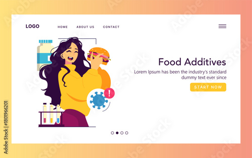 Happy Woman Eating Burger in Food Additives Illustration