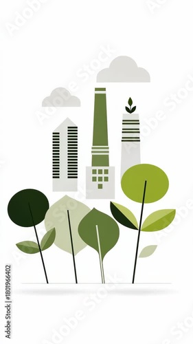 Green cityscape with eco buildings, leaves,vertical video