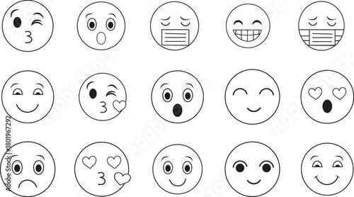 Collection of hand drawn emoji faces expressing various emotions