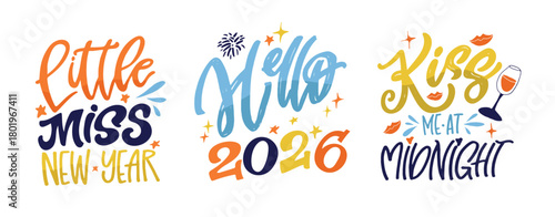 Hello 2026. Merry Christmas and Happy New 2026 Year - cute hand drawn doodle lettering postcard.  Holly Jolly, Tis the season.