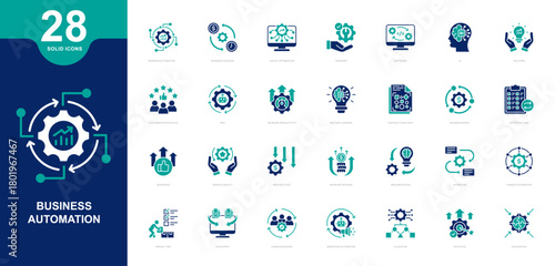  Business Automation Solid icons collection. Containing Business Automation, Business Process, Digital Optimization, Provider, Software, Solution and more Simple vector illustration