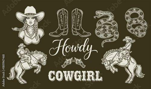 Vintage style illustration of a cowgirl with horses boots and snake elements