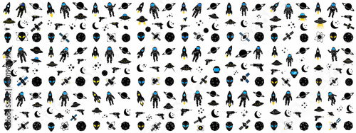 Retro sci-fi and cosmic silhouette seamless pattern featuring astronauts, flying saucers, rockets, and alien heads against a clean white background.