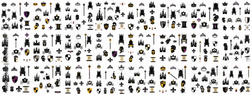 Seamless pattern of black and gold royal and medieval symbols, including crowns, thrones, castles, knights, and heraldic shields, on a white background.