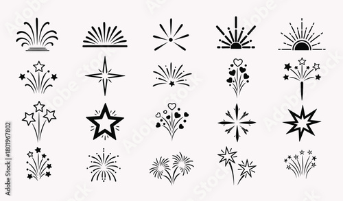 Collection of decorative black and white abstract starburst and firework graphic elements on a light pink background
