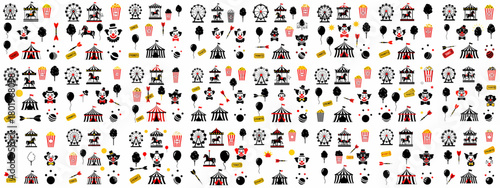 Amusement park and circus fun seamless vector pattern background featuring Ferris wheels, carousels, big tents, clowns, and tickets in flat icon style.