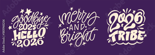 Hello 2026. Merry Christmas and Happy New 2026 Year - cute hand drawn doodle lettering postcard.  Holly Jolly, Tis the season.