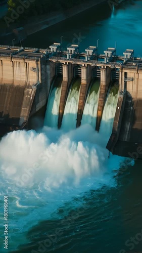 Massive concrete dam with water gushing through spillways creating white foam hydroelectric