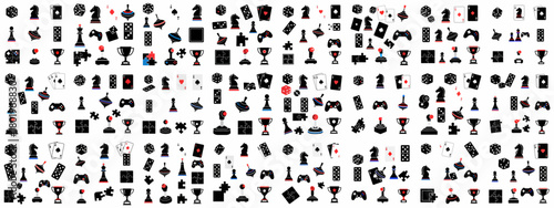 Black and white seamless pattern of diverse game icons: chess, cards, dice, dominoes, puzzles, joysticks, and trophies, representing leisure and competition.