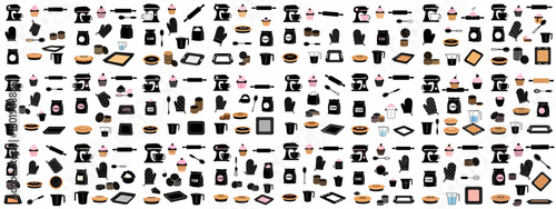 Seamless pattern of baking tools, appliances, and desserts. Includes stand mixers, rolling pins, oven mitts, flour bags, cookies, pies, and cupcakes.