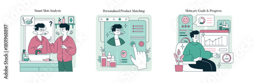 Skincare Routine and Analysis Vector Illustration Set