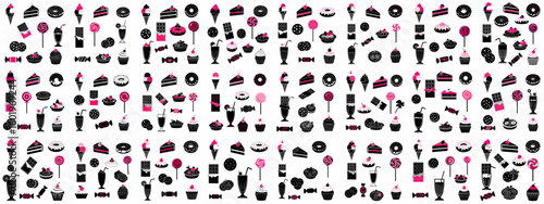 Stylish seamless pattern of sweet food and dessert silhouettes in black and vibrant pink, featuring ice cream, cake, donuts, and candies.