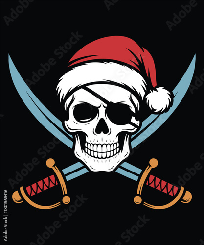 Pirate Skull with Santa Hat and Crossed Swords Graphic Design