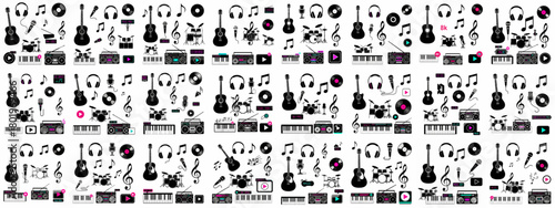 Black and White Seamless Pattern of Music Icons and Instruments: Guitar, Piano, Boombox, Vinyl Records, and Notes for Background Design.