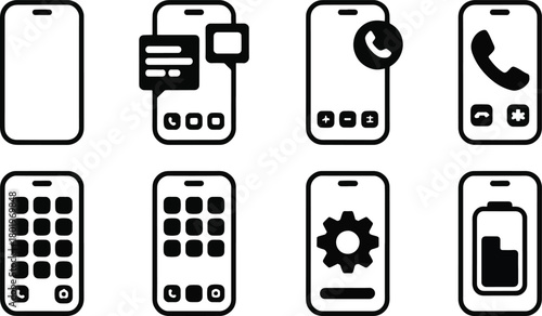 Black Glyph Icons Set for Smartphone, Communication, and Mobile Technology: Call, Message, Settings, and Battery Symbols
