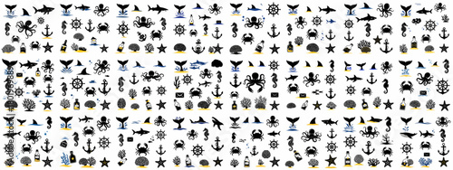 Black silhouette seamless pattern of marine and nautical icons, including octopus, sharks, seahorses, anchors, and whale tails, for ocean themes.