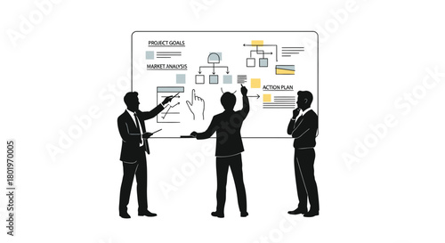 Business team collaborating on a whiteboard with a complex diagram and flow chart during a meeting